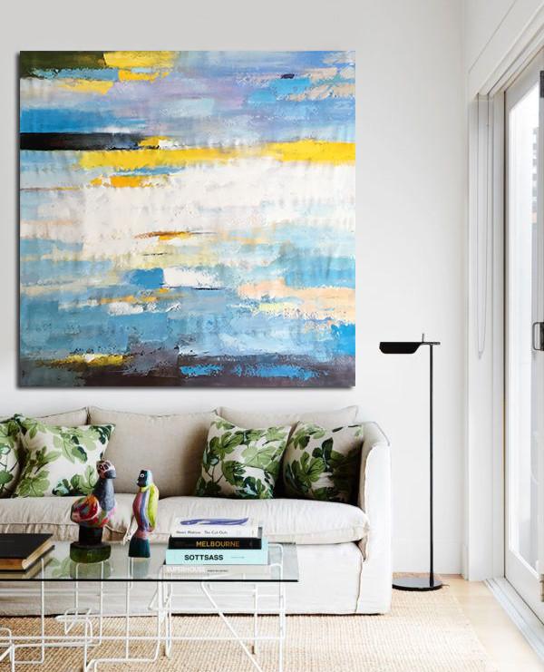 Extra Large Acrylic Painting On Canvas,Oversized Contemporary Art,Large Wall Canvas,White,Blue,Yellow.etc